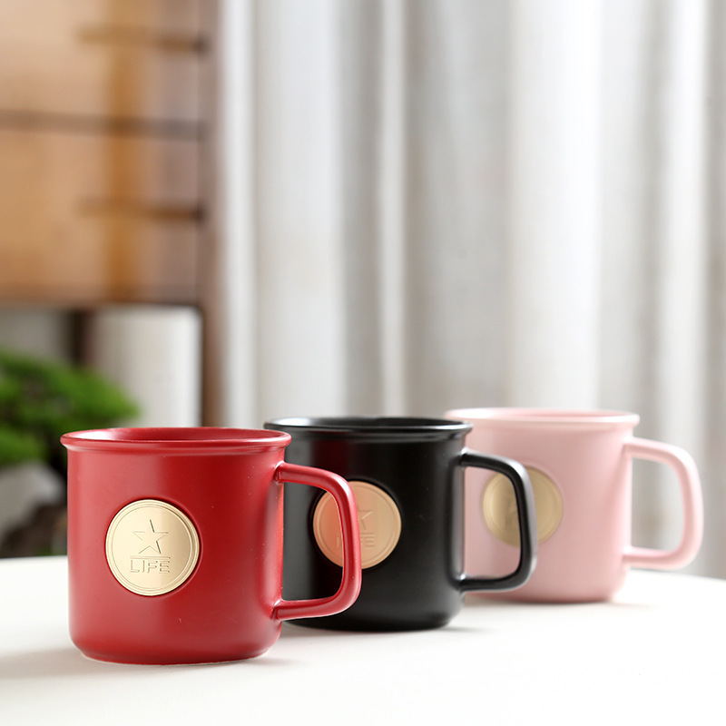 星巴風復古馬克杯銅牌咖啡杯水杯陶瓷杯批發制定logo文創開業禮品